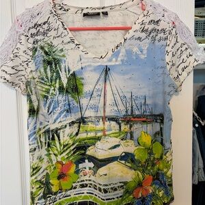 Onque Casuals White and Blue Coastal Sailboat V-Neck Tee with Lace Sleeves
